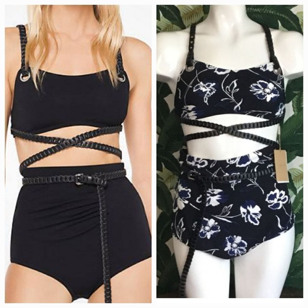 Michael Kors Collection Women Navy & Black Leather Strap Belt 2 Piece Swimsuit